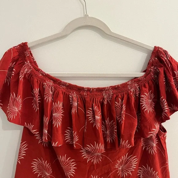 Madewell 100% Silk Red Palmflower Pattern Off The Shoulder Dress, Size L - Picture 3 of 6